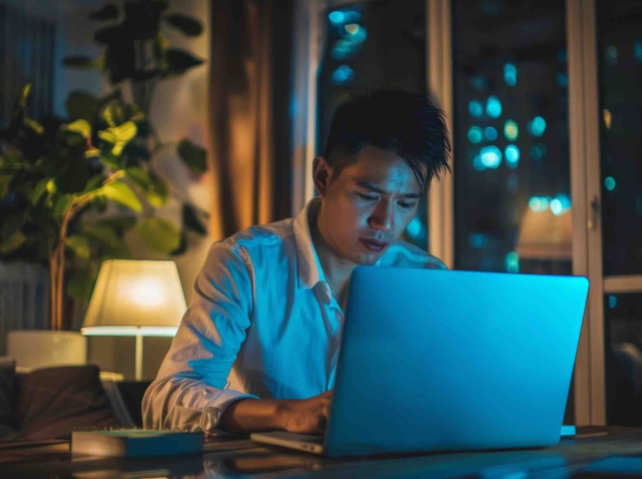 Photo of Asian businessman working using laptop in office at night Late night at the home office Online meeting, hard work